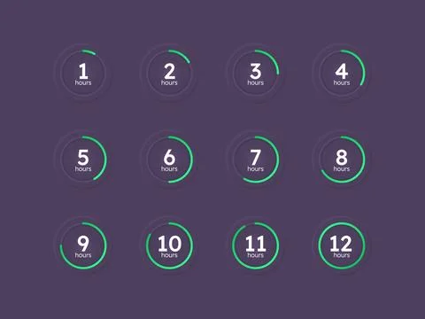 Green line neumorphism countdown timer set on dark background 库存插图