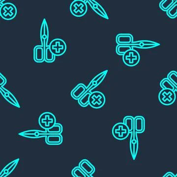 Green line No scissors icon isolated seamless pattern on blue background. Vector Stockillustratie