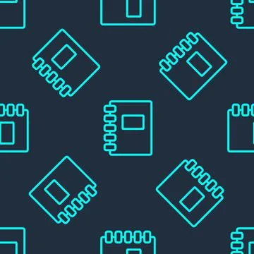 Green line Notebook icon isolated seamless pattern on blue background. Spiral 스톡 일러스트