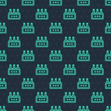 Green line Pack of beer bottles icon isolated seamless pattern on blue Illustrazione stock