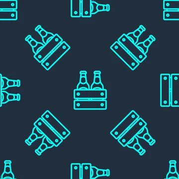Green line Pack of beer bottles icon isolated seamless pattern on blue backgr Stock Illustration