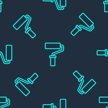 Green line Paint roller brush icon isolated seamless pattern on blue backgr.. Stock Illustration