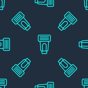 Green line Photo camera flash icon isolated seamless pattern on blue backgr.. Illustrazione stock