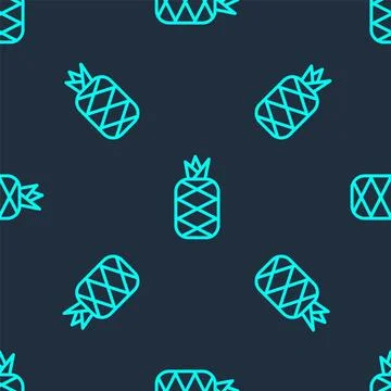 Green line Pineapple tropical fruit icon isolated seamless pattern on blue ba Stock Illustration
