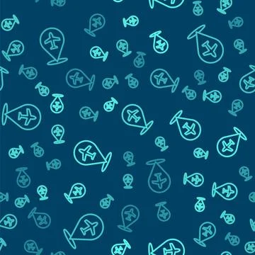Green line Plane icon isolated seamless pattern on blue background. Flying Illustrazione stock