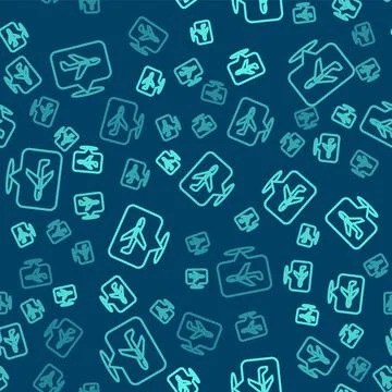Green line Plane icon isolated seamless pattern on blue background. Flying Illustrazione stock