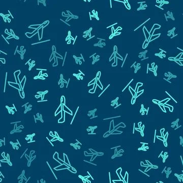 Green line Plane takeoff icon isolated seamless pattern on blue background... Stock Illustration