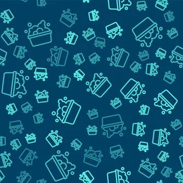 Green line Plastic basin with soap suds icon isolated seamless pattern on blue Stock Illustration