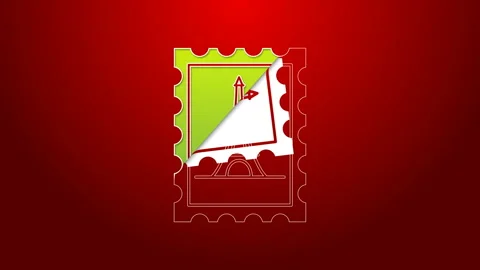 Green line Postal stamp and Eiffel tower icon isolated on red background. 4K Stock Footage 143364572