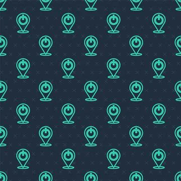 Green line Power button icon isolated seamless pattern on blue background. St Illustrazione stock