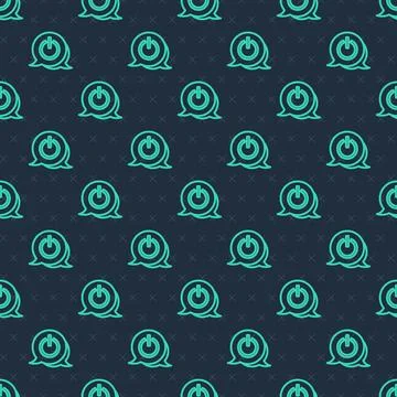 Green line Power button icon isolated seamless pattern on blue background. Start Illustrazione stock