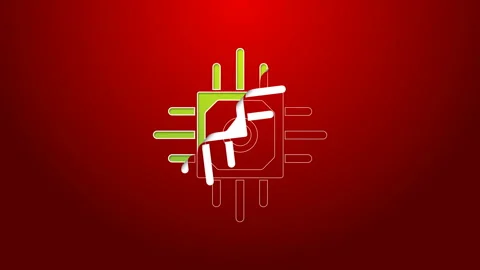 Green line Processor icon isolated on red background. CPU, central processing Stock Footage 143609498