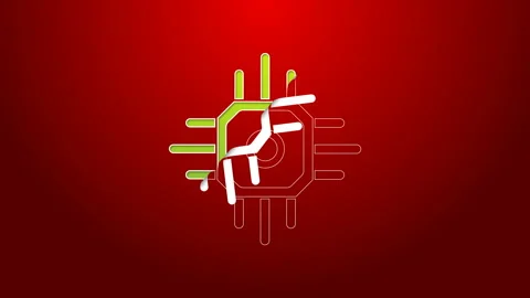 Green line Processor icon isolated on red background. CPU, central processing Video stock 143610132