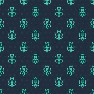 Green line Queen bee icon isolated seamless pattern on blue background. Sweet Illustrazione stock