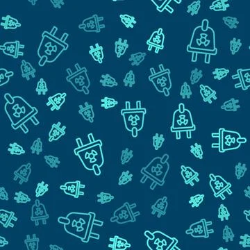 Green line Radiation electrical plug icon isolated seamless pattern on blue b Illustrazione stock
