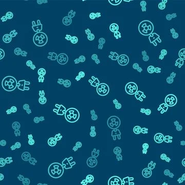 Green line Radiation electrical plug icon isolated seamless pattern on blue.. Illustrazione stock