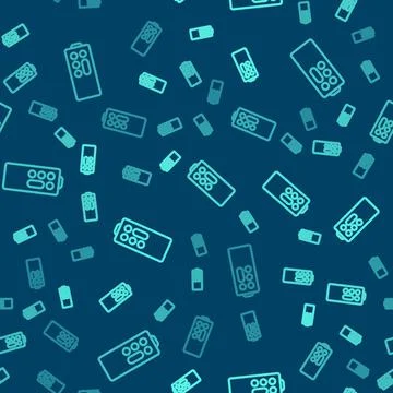 Green line Remote control icon isolated seamless pattern on blue background Stock Illustration