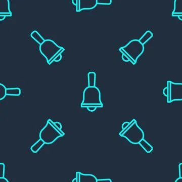 Green line Ringing bell icon isolated seamless pattern on blue background. Alarm 스톡 일러스트