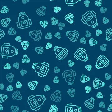 Green line School backpack icon isolated seamless pattern on blue background 스톡 일러스트