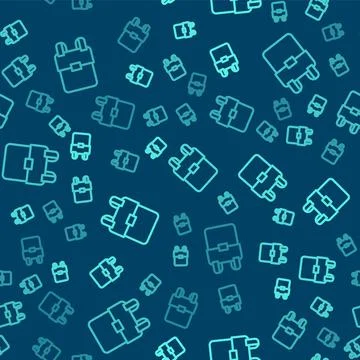 Green line School backpack icon isolated seamless pattern on blue background 스톡 일러스트