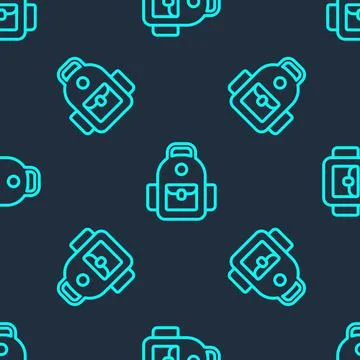 Green line School backpack icon isolated seamless pattern on blue background 스톡 일러스트