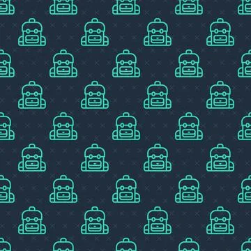 Green line School backpack icon isolated seamless pattern on blue background 库存插图