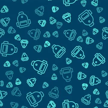 Green line School backpack icon isolated seamless pattern on blue background Stock Illustration