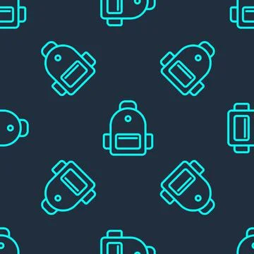 Green line School backpack icon isolated seamless pattern on blue background. 库存插图