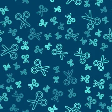 Green line Scissors with cut line icon isolated seamless pattern on blue Illustrazione stock
