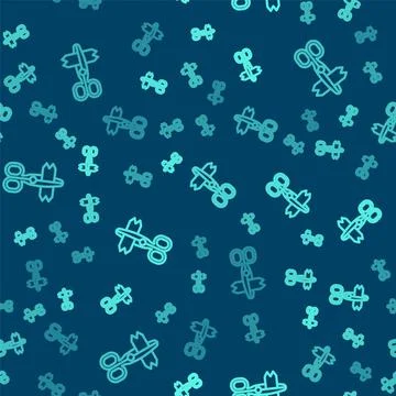 Green line Scissors icon isolated seamless pattern on blue background. Tailor Stock Illustration