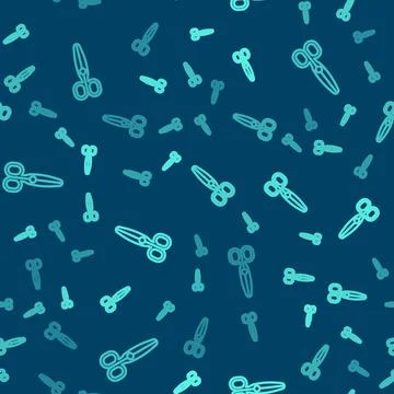 Green line Scissors icon isolated seamless pattern on blue background. Tailor Illustrazione stock