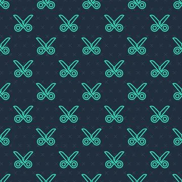 Green line Scissors icon isolated seamless pattern on blue background. Cutting Stock Illustration