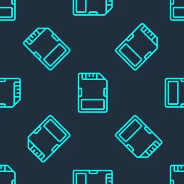 Green line SD card icon isolated seamless pattern on blue background. Memory Stock Illustration