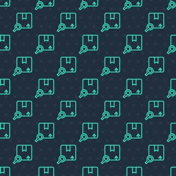 Green line Search package icon isolated seamless pattern on blue background Illustrazione stock
