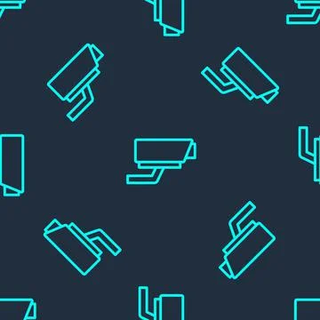 Green line Security camera icon isolated seamless pattern on blue background Stock Illustration