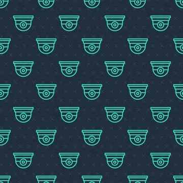 Green line Security camera icon isolated seamless pattern on blue background 스톡 일러스트