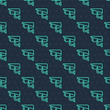 Green line Security camera icon isolated seamless pattern on blue background Stockillustratie