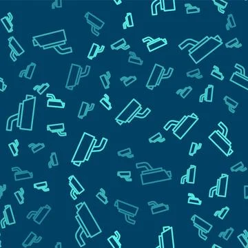 Green line Security camera icon isolated seamless pattern on blue background Illustrazione stock