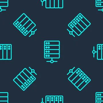 Green line Server, Data, Web Hosting icon isolated seamless pattern on blue.. 库存插图