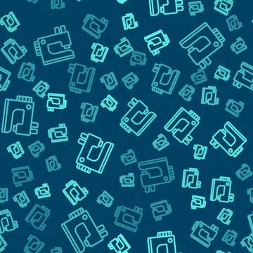 Green line Sewing machine icon isolated seamless pattern on blue background Stockillustratie