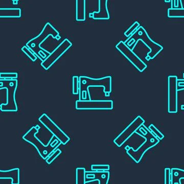Green line Sewing machine icon isolated seamless pattern on blue background Illustrazione stock