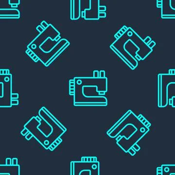 Green line Sewing machine icon isolated seamless pattern on blue background Stockillustratie
