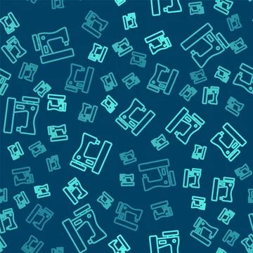 Green line Sewing machine icon isolated seamless pattern on blue background Illustrazione stock