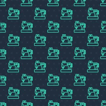Green line Sewing machine icon isolated seamless pattern on blue background Illustrazione stock