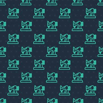 Green line Sewing machine icon isolated seamless pattern on blue background Illustrazione stock