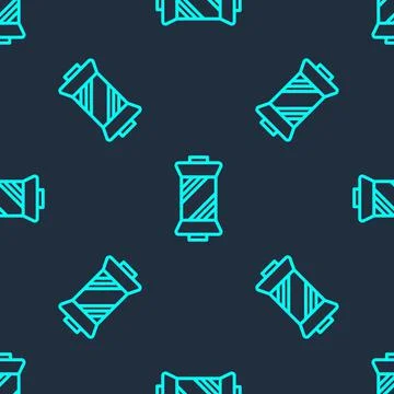 Green line Sewing thread on spool icon isolated seamless pattern on blue Illustrazione stock