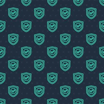 Green line Shield with check mark icon isolated seamless pattern on blue イラスト素材