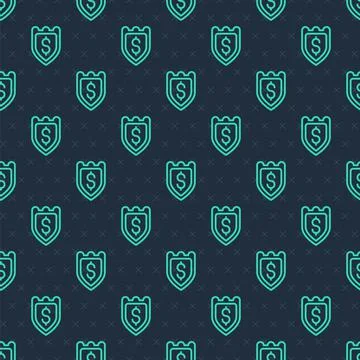 Green line Shield with dollar symbol icon isolated seamless pattern on blue Stock Illustration