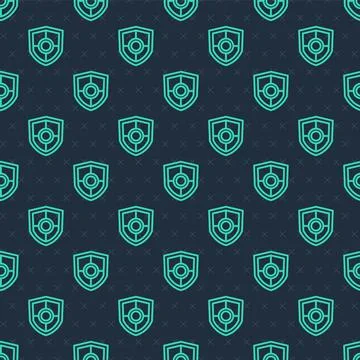 Green line Shield icon isolated seamless pattern on blue background. Guard sign Stock Illustration