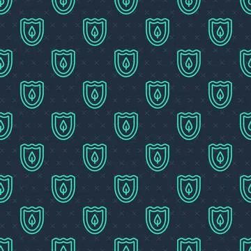 Green line Shield with leaf icon isolated seamless pattern on blue backgrou.. Stock Illustration